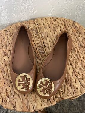 Tory Burch Tan Leather Logo Ballet Flats with Gold Medallion